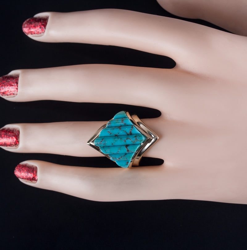 12k Yellow Gold Fancy Shaped Kingman Turquoise Cocktail Ring 12.85g