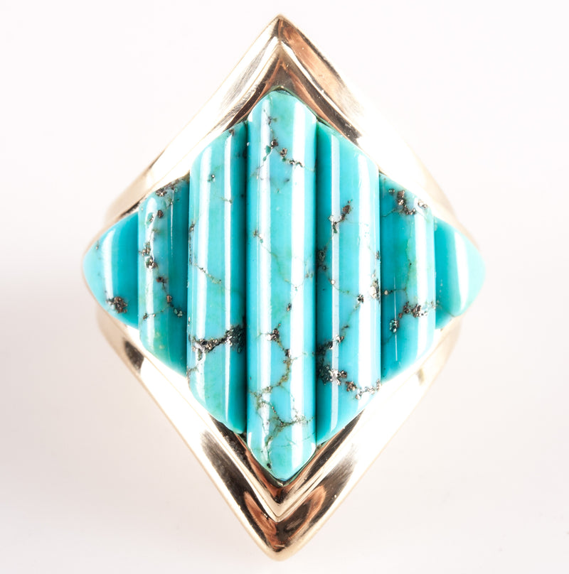 12k Yellow Gold Fancy Shaped Kingman Turquoise Cocktail Ring 12.85g