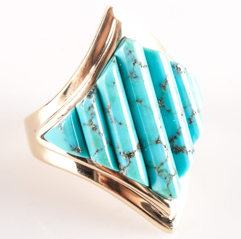12k Yellow Gold Fancy Shaped Kingman Turquoise Cocktail Ring 12.85g