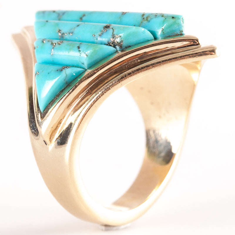 12k Yellow Gold Fancy Shaped Kingman Turquoise Cocktail Ring 12.85g