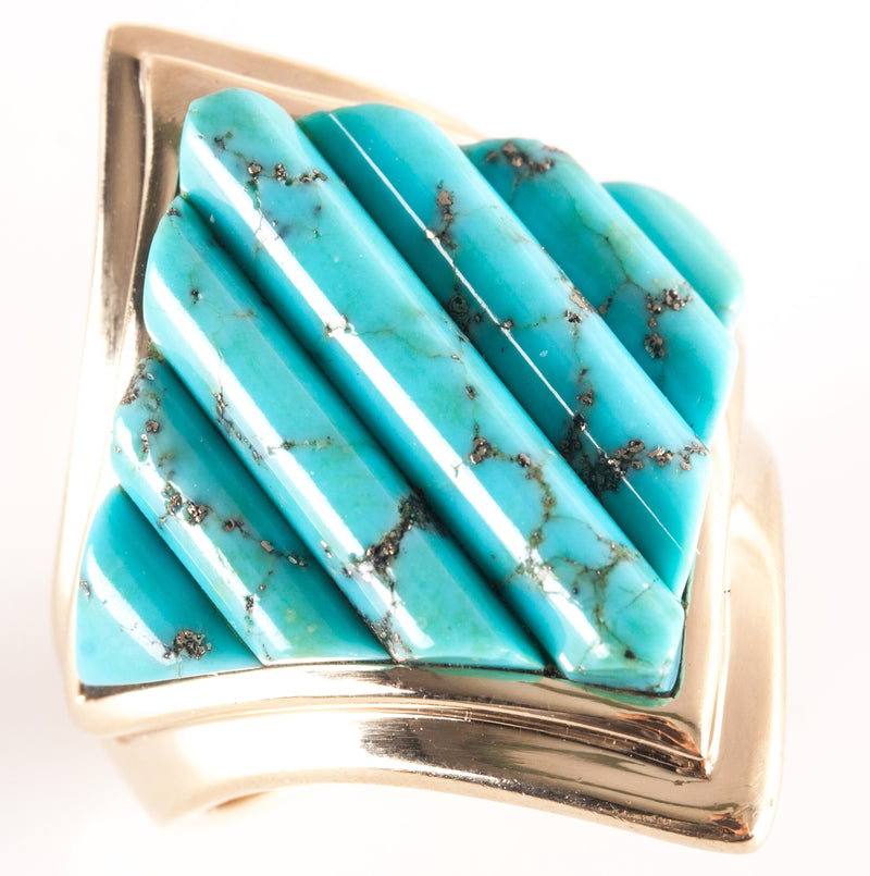 12k Yellow Gold Fancy Shaped Kingman Turquoise Cocktail Ring 12.85g