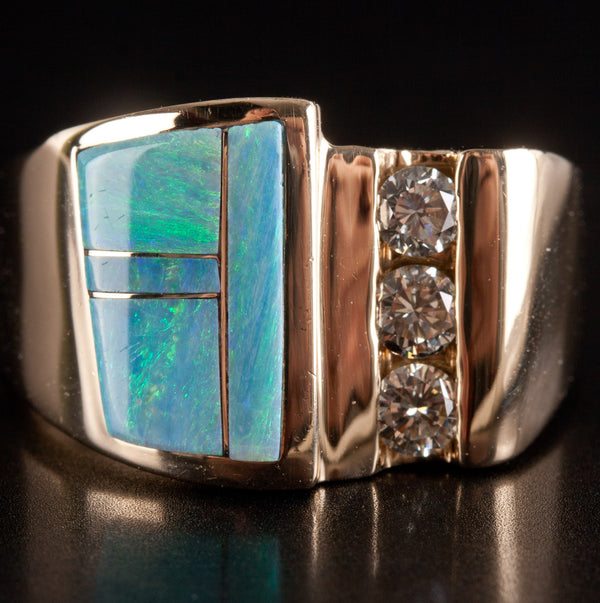 14k Yellow Gold AA Inlay Opal Round Diamond Cocktail Style Ring .36ctw 8.69g