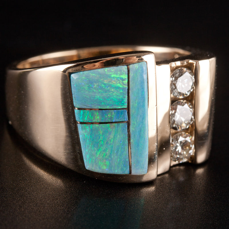 14k Yellow Gold AA Inlay Opal Round Diamond Cocktail Style Ring .36ctw 8.69g