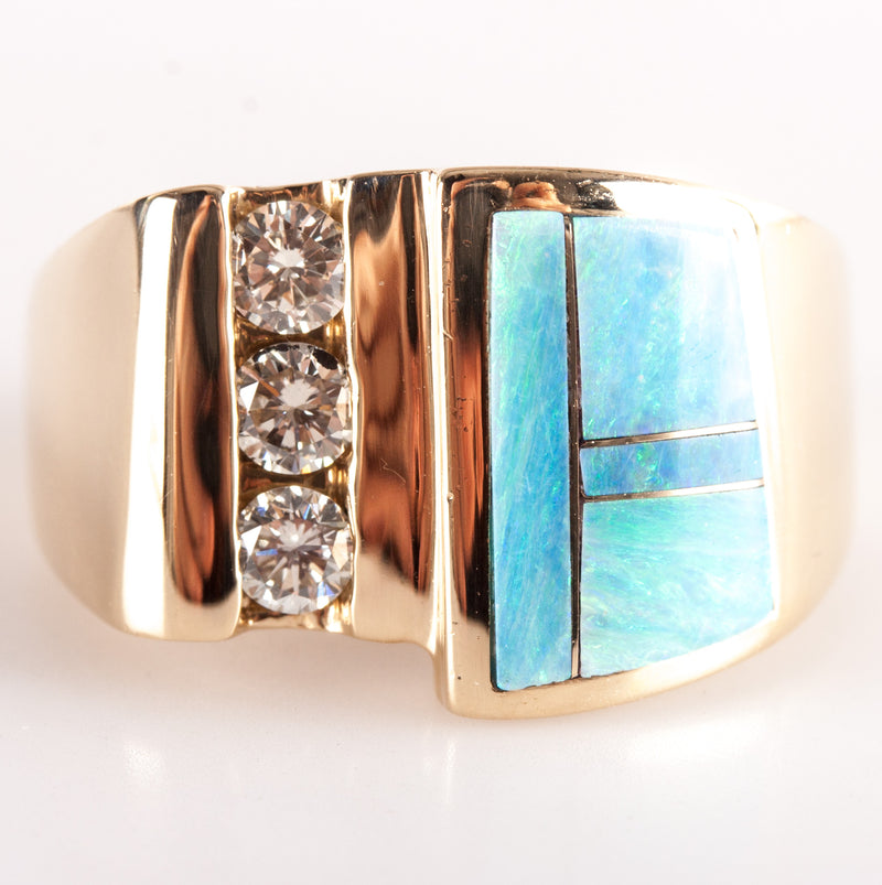 14k Yellow Gold AA Inlay Opal Round Diamond Cocktail Style Ring .36ctw 8.69g