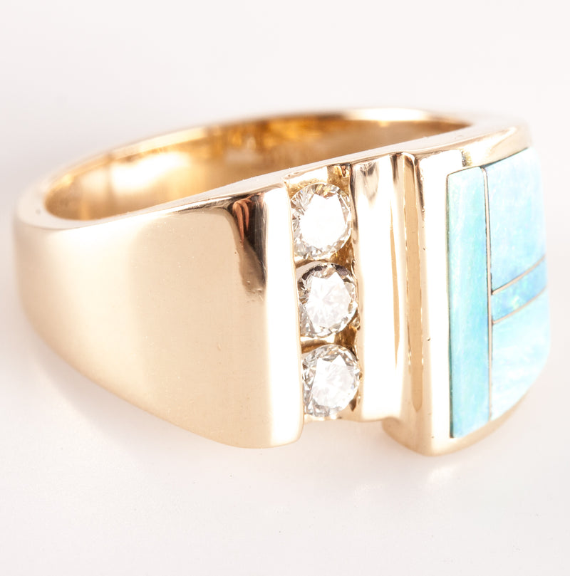 14k Yellow Gold AA Inlay Opal Round Diamond Cocktail Style Ring .36ctw 8.69g