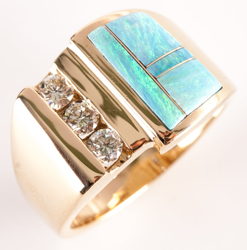 14k Yellow Gold AA Inlay Opal Round Diamond Cocktail Style Ring .36ctw 8.69g