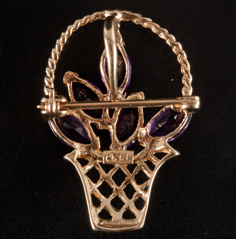 10k Yellow Gold Marquise Amethyst Flower Basket Brooch Pendant Combo .85ctw