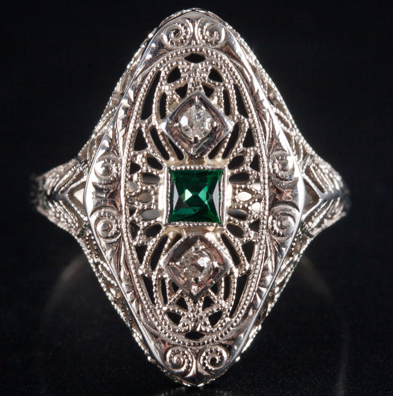 14k Yellow Gold Lab-Created Emerald Natural Diamond Vintage Inspired Ring .17ctw