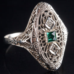 14k Yellow Gold Lab-Created Emerald Natural Diamond Vintage Inspired Ring .17ctw