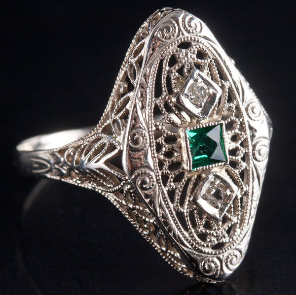 14k Yellow Gold Lab-Created Emerald Natural Diamond Vintage Inspired Ring .17ctw