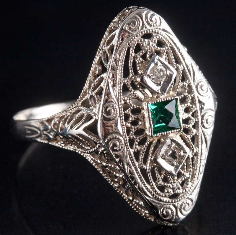 14k Yellow Gold Lab-Created Emerald Natural Diamond Vintage Inspired Ring .17ctw