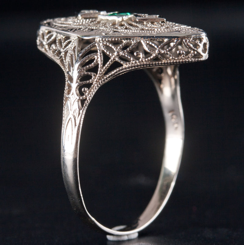 14k Yellow Gold Lab-Created Emerald Natural Diamond Vintage Inspired Ring .17ctw