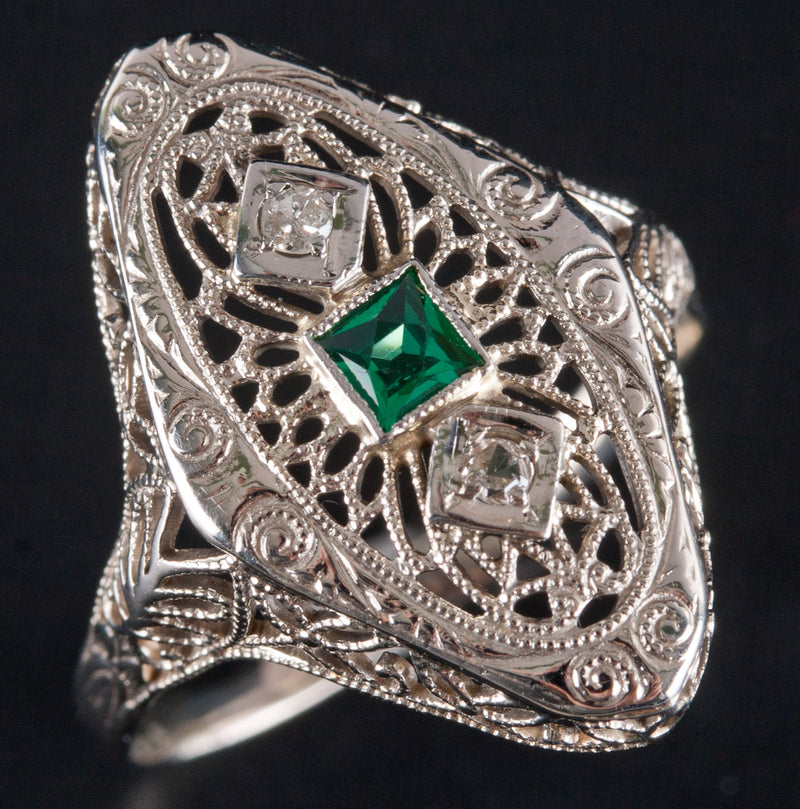 14k Yellow Gold Lab-Created Emerald Natural Diamond Vintage Inspired Ring .17ctw
