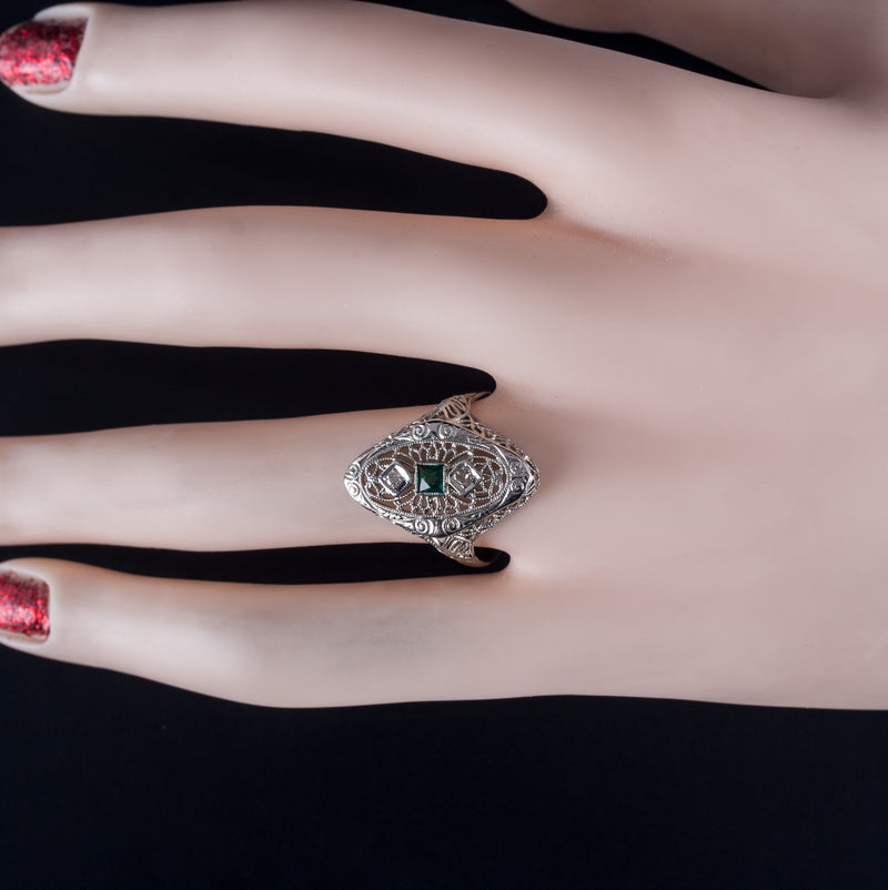 14k Yellow Gold Lab-Created Emerald Natural Diamond Vintage Inspired Ring .17ctw