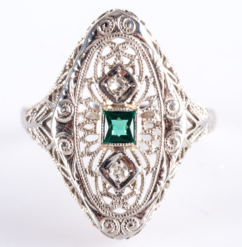 14k Yellow Gold Lab-Created Emerald Natural Diamond Vintage Inspired Ring .17ctw