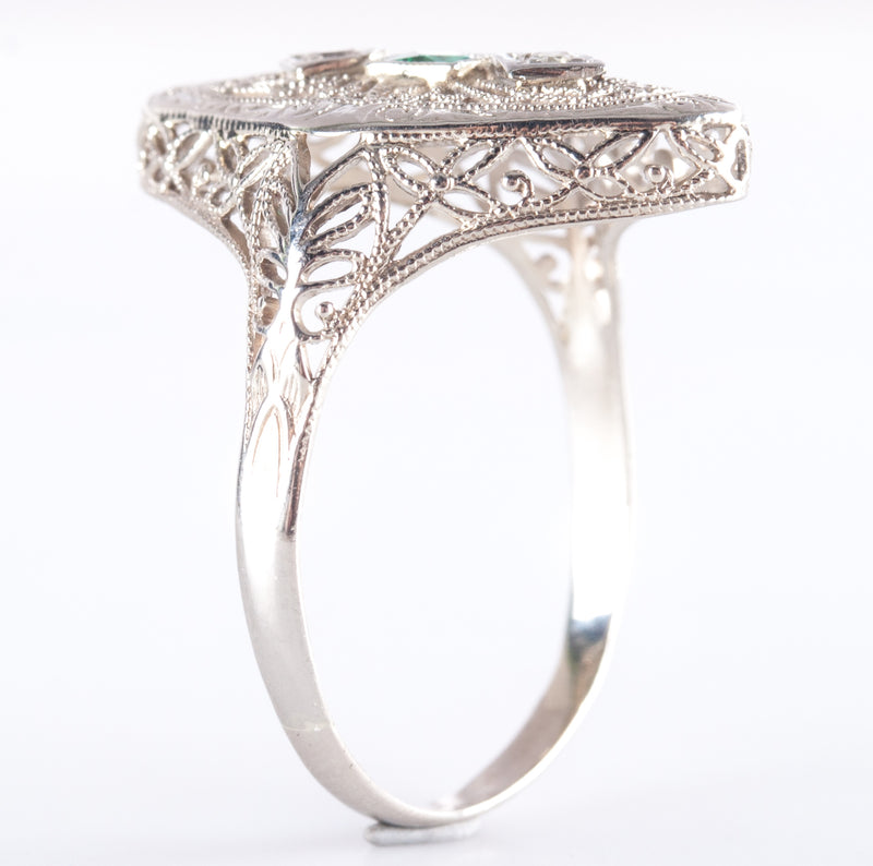 14k Yellow Gold Lab-Created Emerald Natural Diamond Vintage Inspired Ring .17ctw
