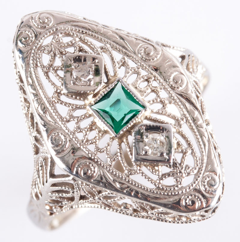 14k Yellow Gold Lab-Created Emerald Natural Diamond Vintage Inspired Ring .17ctw