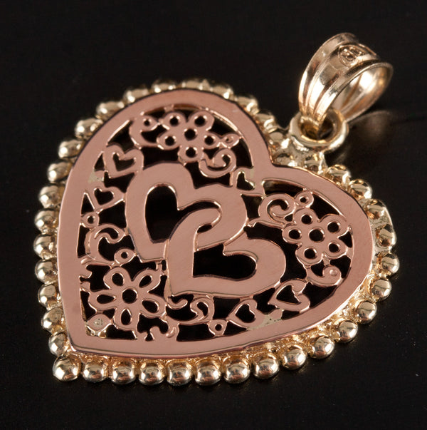 14k Yellow Rose Gold Two-Tone Heart Style Double Heart Pendant 1.38g 20mm x 25mm