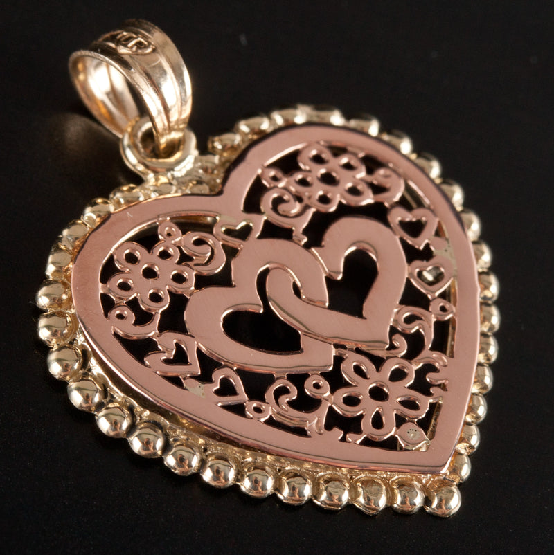 14k Yellow Rose Gold Two-Tone Heart Style Double Heart Pendant 1.38g 20mm x 25mm