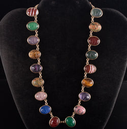 Vintage 1950's 10k Yellow Gold Oval Cabochon Scarab Style Multi-Stone Necklace