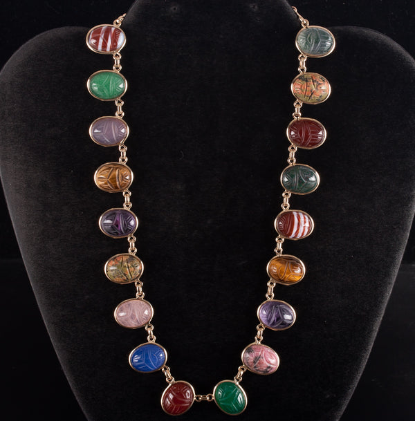 Vintage 1950's 10k Yellow Gold Oval Cabochon Scarab Style Multi-Stone Necklace