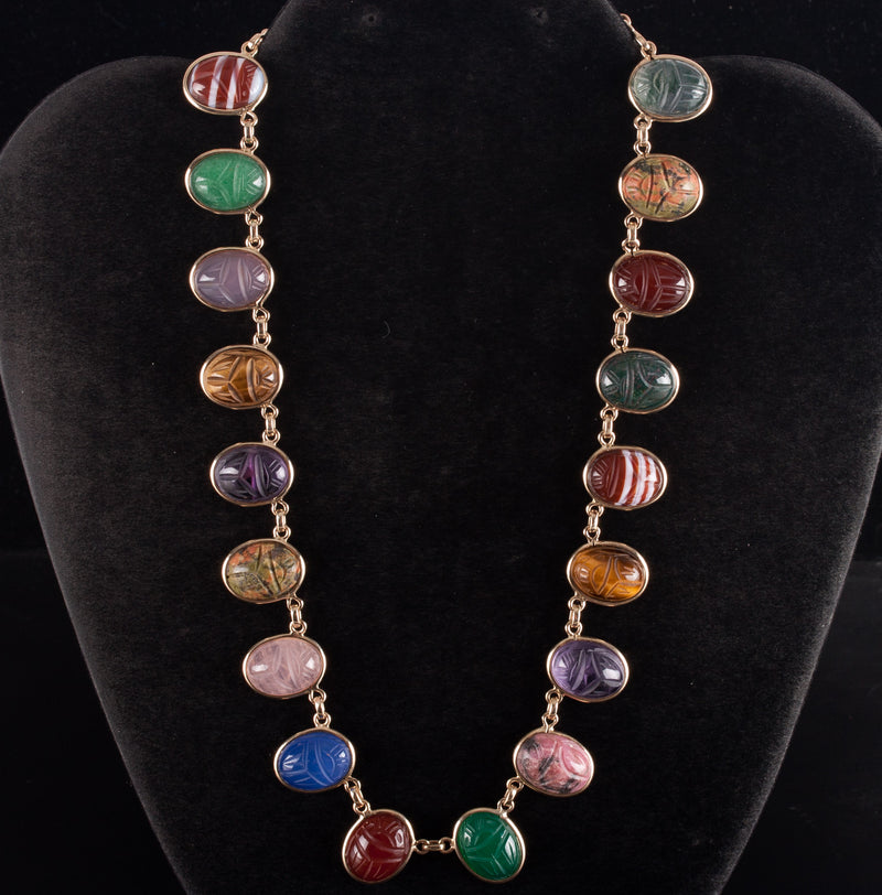 Vintage 1950's 10k Yellow Gold Oval Cabochon Scarab Style Multi-Stone Necklace