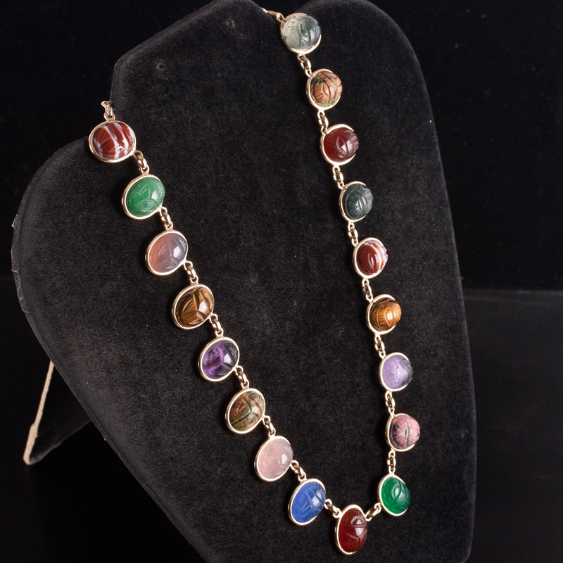 Vintage 1950's 10k Yellow Gold Oval Cabochon Scarab Style Multi-Stone Necklace
