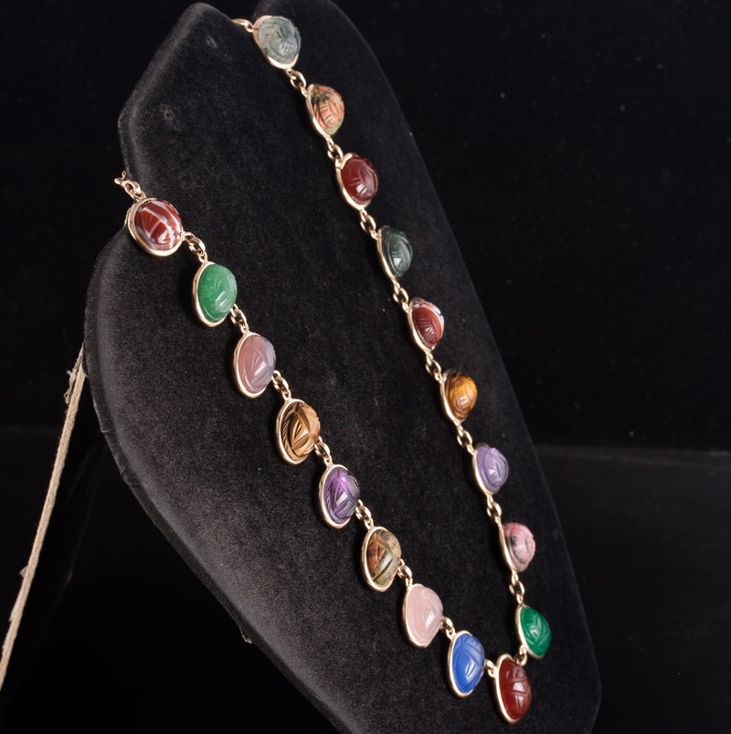 Vintage 1950's 10k Yellow Gold Oval Cabochon Scarab Style Multi-Stone Necklace
