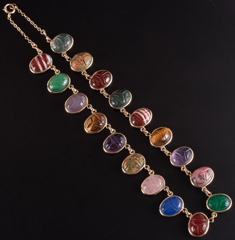 Vintage 1950's 10k Yellow Gold Oval Cabochon Scarab Style Multi-Stone Necklace