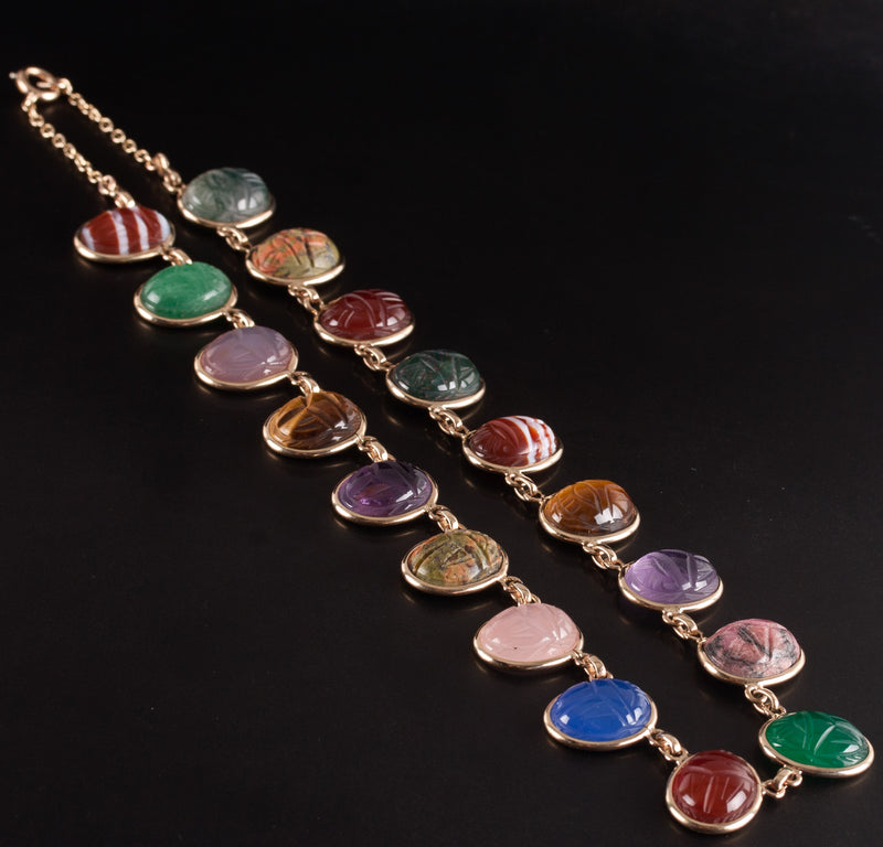Vintage 1950's 10k Yellow Gold Oval Cabochon Scarab Style Multi-Stone Necklace