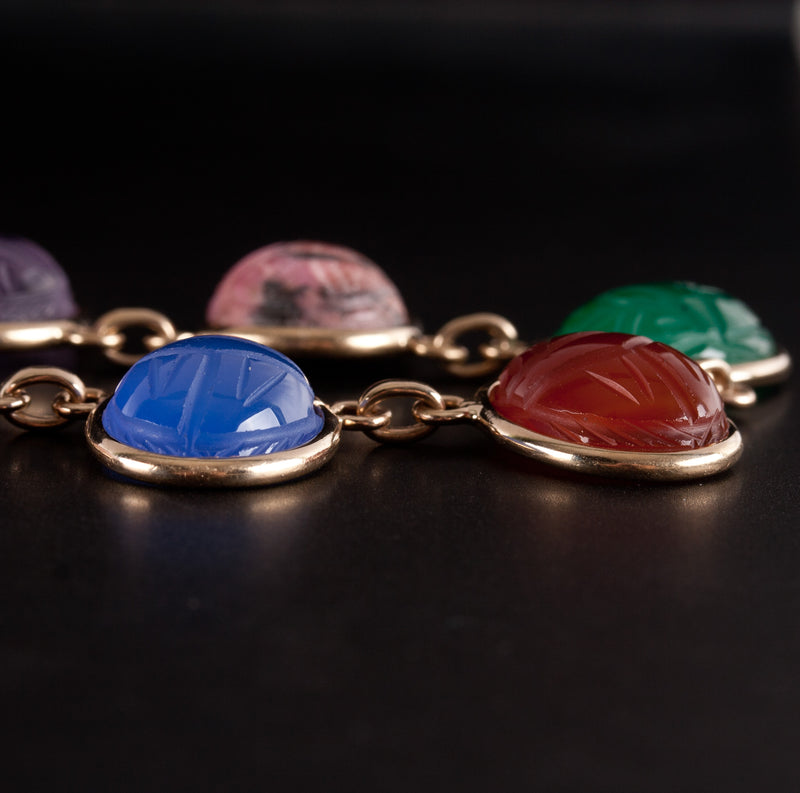 Vintage 1950's 10k Yellow Gold Oval Cabochon Scarab Style Multi-Stone Necklace
