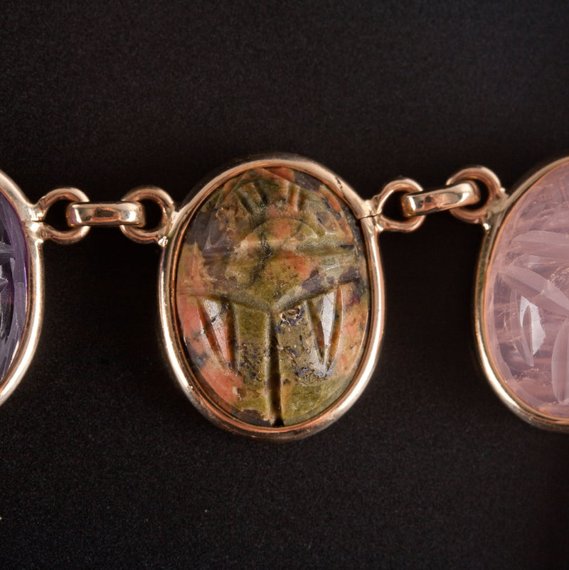 Vintage 1950's 10k Yellow Gold Oval Cabochon Scarab Style Multi-Stone Necklace
