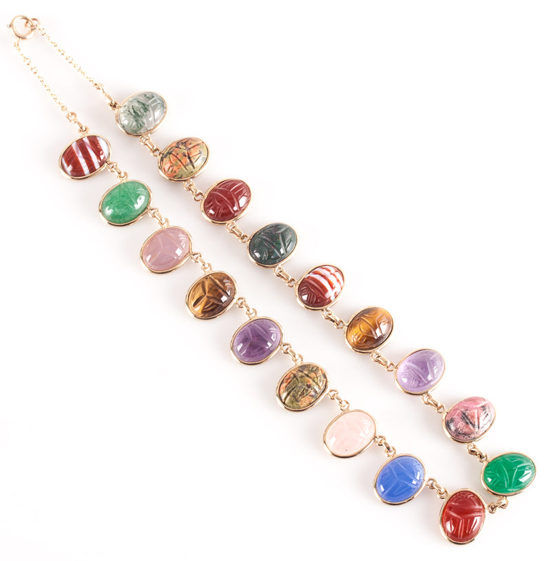 Vintage 1950's 10k Yellow Gold Oval Cabochon Scarab Style Multi-Stone Necklace