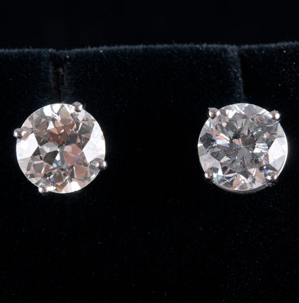 950 Platinum Old Euro Diamond Solitaire Stud Earrings W/ Butterfly Backs 3.71ctw