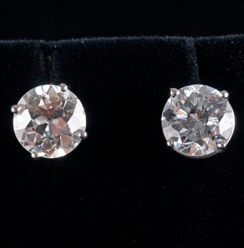 950 Platinum Old Euro Diamond Solitaire Stud Earrings W/ Butterfly Backs 3.71ctw