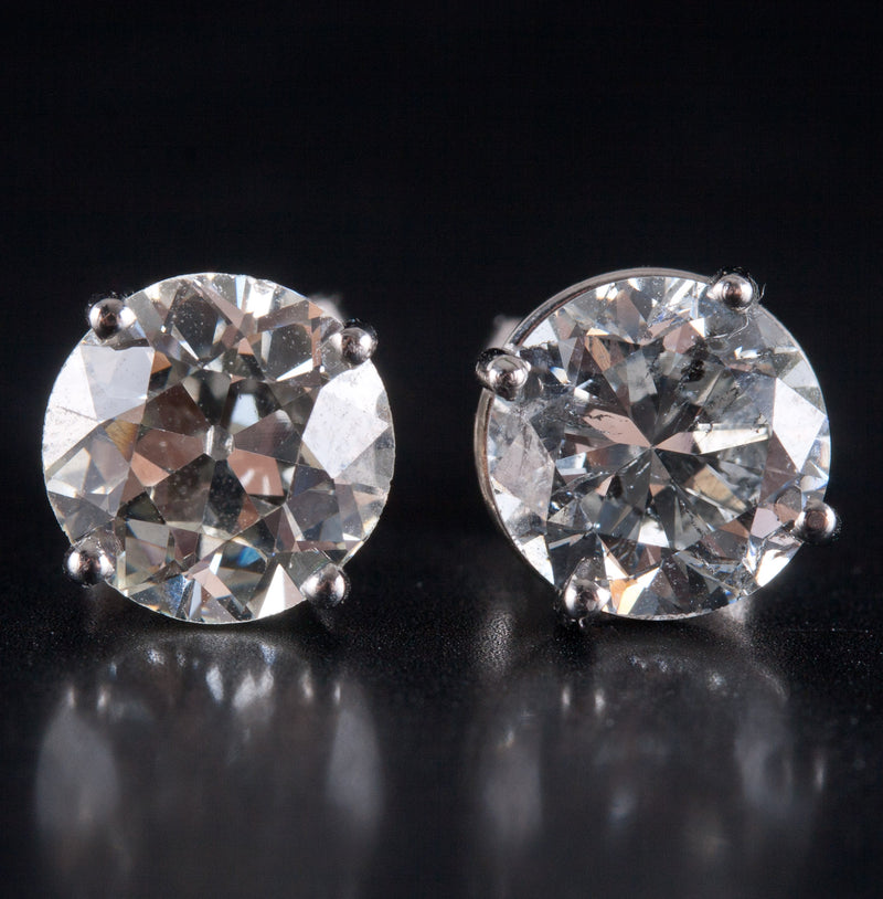 950 Platinum Old Euro Diamond Solitaire Stud Earrings W/ Butterfly Backs 3.71ctw
