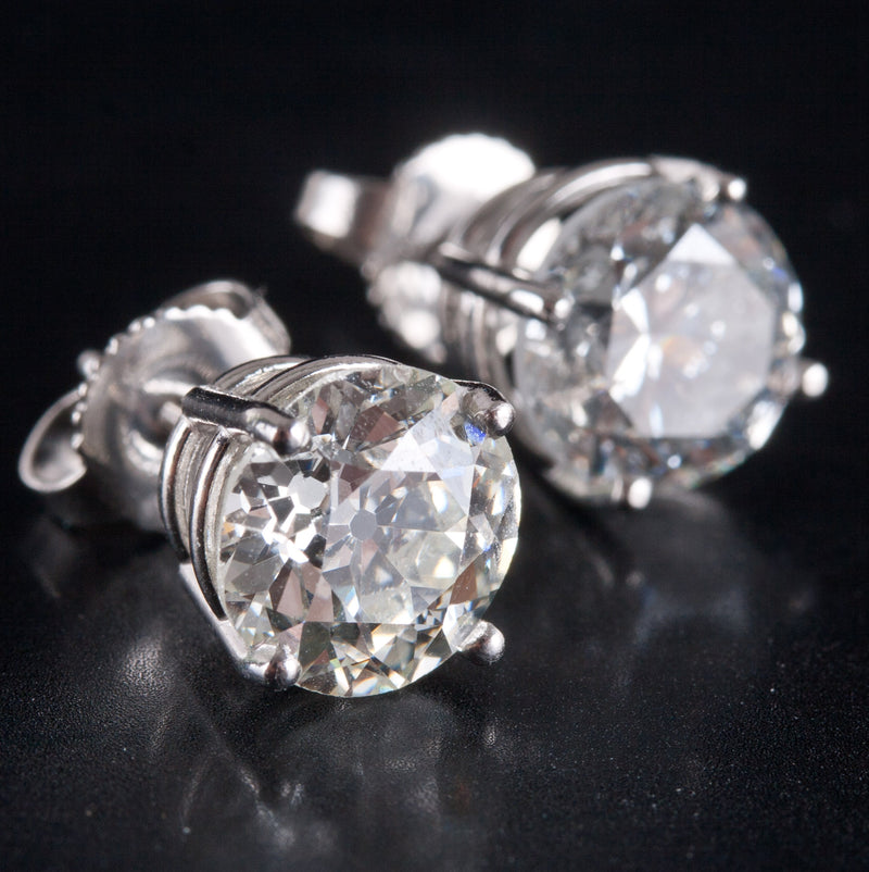 950 Platinum Old Euro Diamond Solitaire Stud Earrings W/ Butterfly Backs 3.71ctw