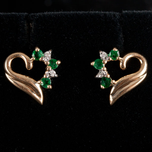 14k Yellow Gold Emerald Diamond Heart Stud Earrings W/ Butterfly Backs .14ctw