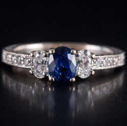 18k White Gold Oval AAA Sapphire Diamond Engagement Ring 1.19ctw 3.65g