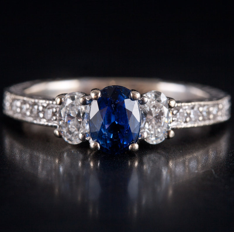 18k White Gold Oval AAA Sapphire Diamond Engagement Ring 1.19ctw 3.65g