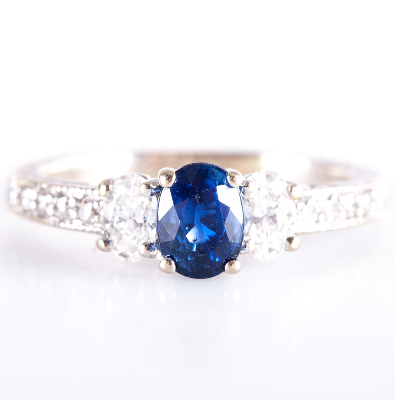 18k White Gold Oval AAA Sapphire Diamond Engagement Ring 1.19ctw 3.65g