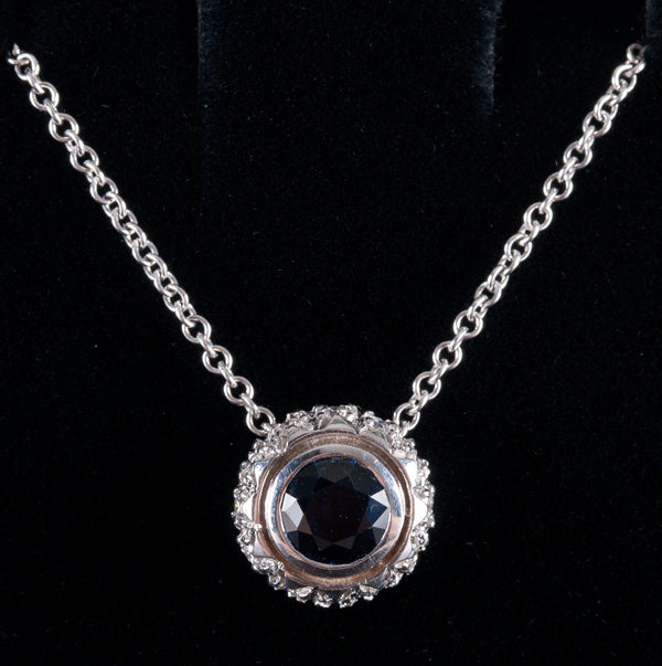 18k White Gold Round Sapphire & Diamond Necklace W/ 16" Chain 1.32ctw 5.59g