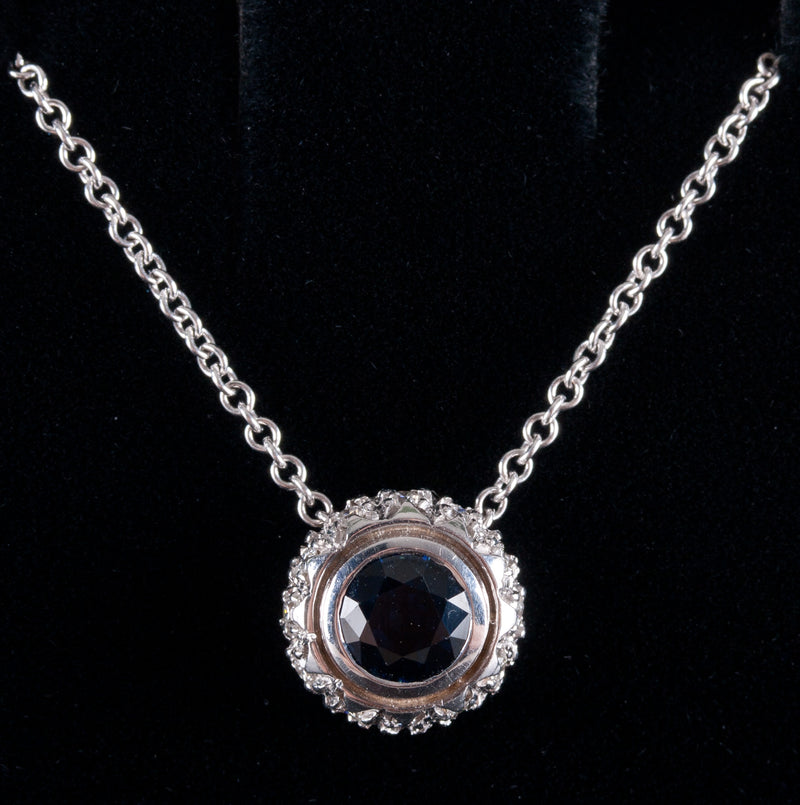 18k White Gold Round Sapphire & Diamond Necklace W/ 16" Chain 1.32ctw 5.59g