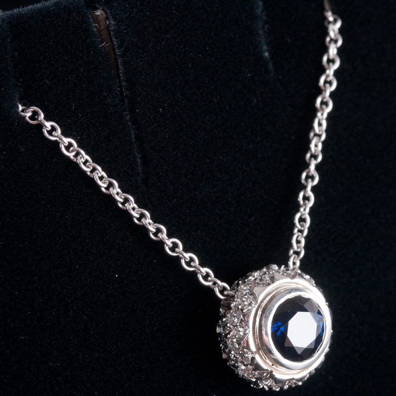 18k White Gold Round Sapphire & Diamond Necklace W/ 16" Chain 1.32ctw 5.59g