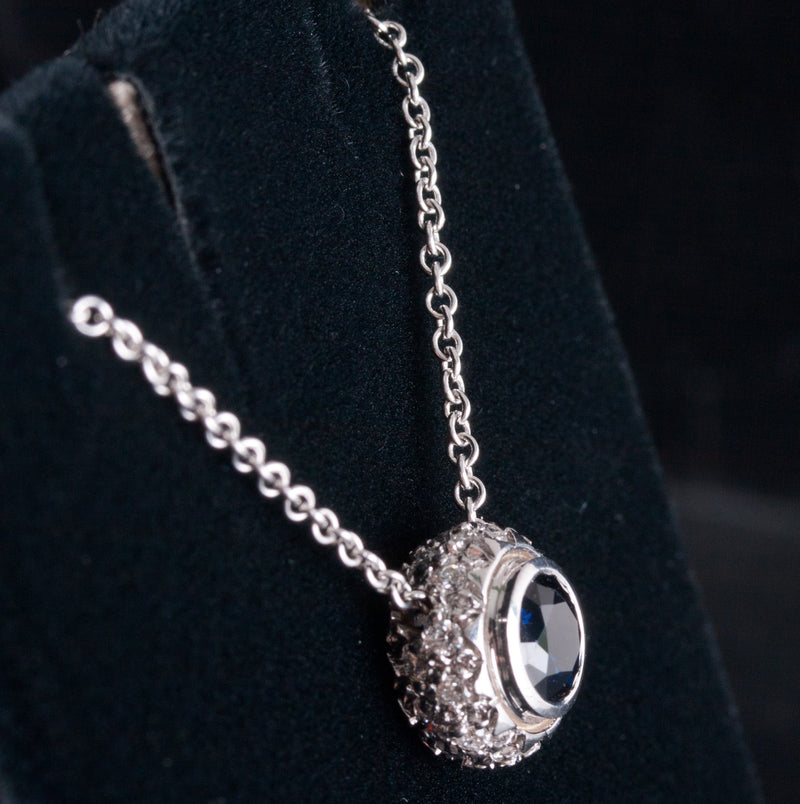 18k White Gold Round Sapphire & Diamond Necklace W/ 16" Chain 1.32ctw 5.59g