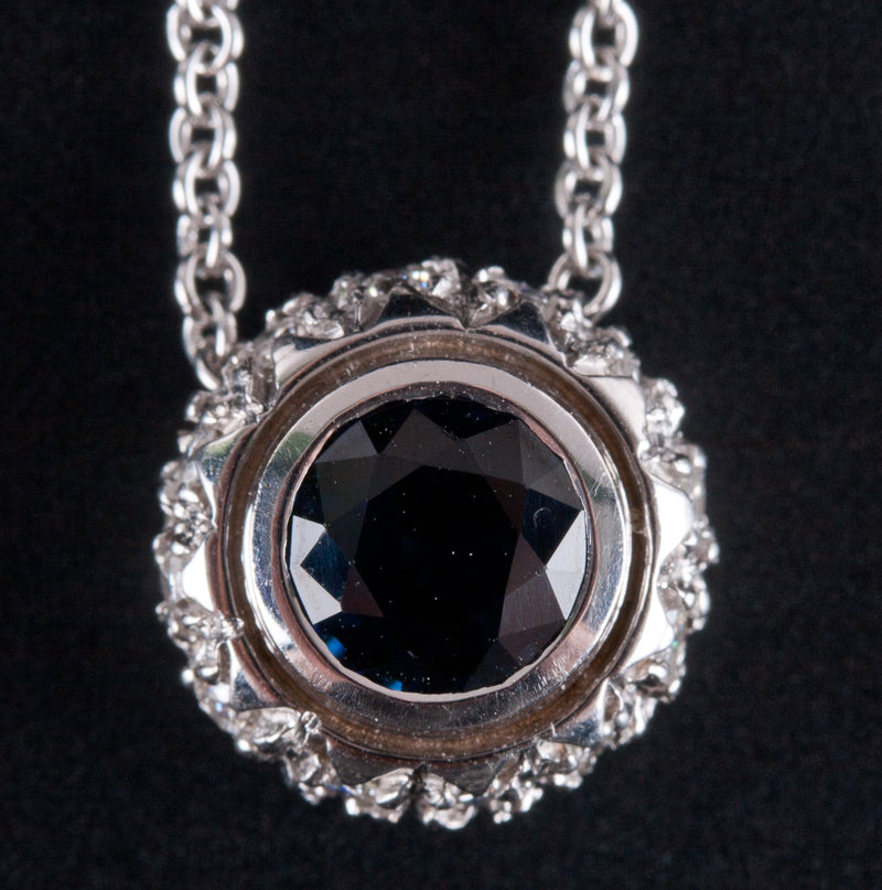 18k White Gold Round Sapphire & Diamond Necklace W/ 16" Chain 1.32ctw 5.59g