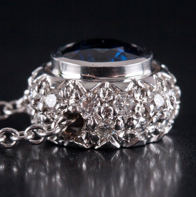 18k White Gold Round Sapphire & Diamond Necklace W/ 16" Chain 1.32ctw 5.59g