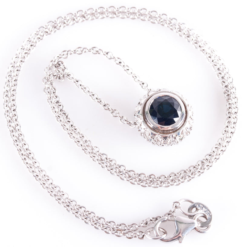 18k White Gold Round Sapphire & Diamond Necklace W/ 16" Chain 1.32ctw 5.59g