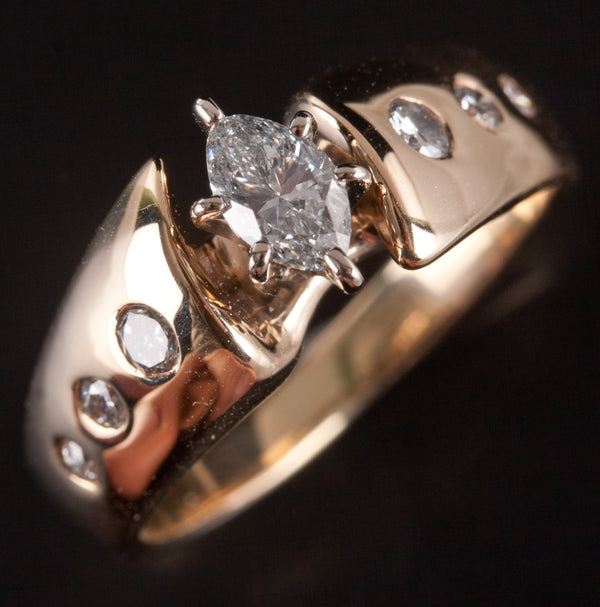 14k Yellow Gold Marquise / Round H SI2 Diamond Engagement Ring .425ctw 5.13g