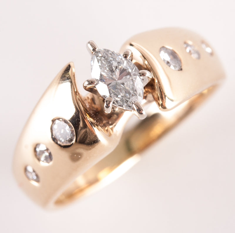 14k Yellow Gold Marquise / Round H SI2 Diamond Engagement Ring .425ctw 5.13g